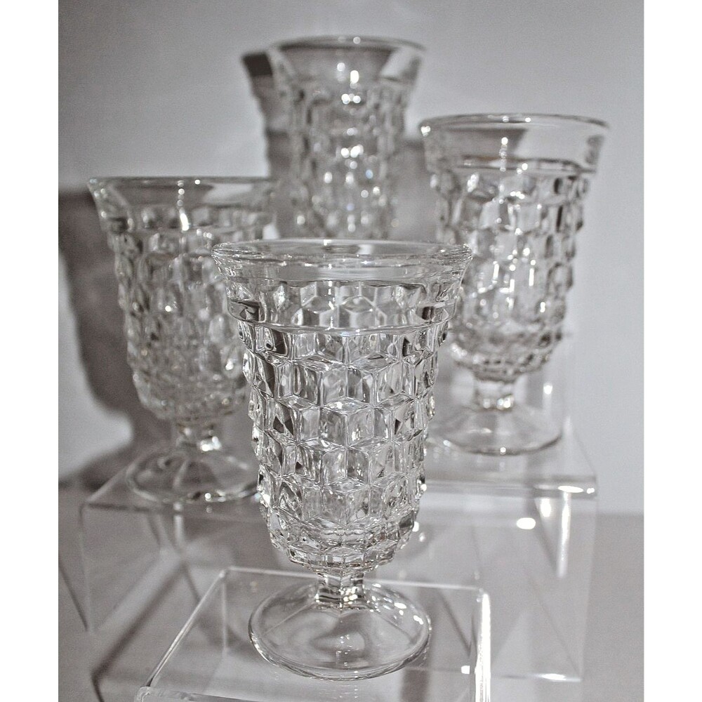 Vtg Fostoria American Pressed Glass Footed Goblets Set of 4 Geometric Pattern